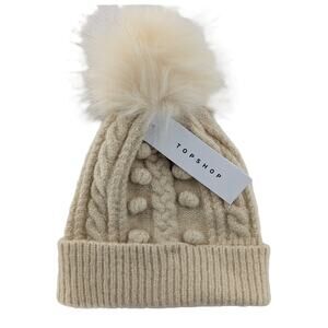 Cream Cable Knit Beanie Cuffed Pom Hat by Topshop